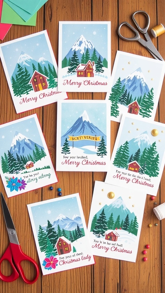 Handmade Christmas Cards: A Scenic Landscape Design Handmade Christmas cards with scenic landscapes displayed on a wooden table with crafting materials.
